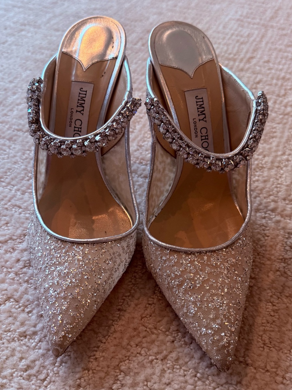 Jimmy Choo Silver Glitter Pointed Mules with Crystal Embellished Strap